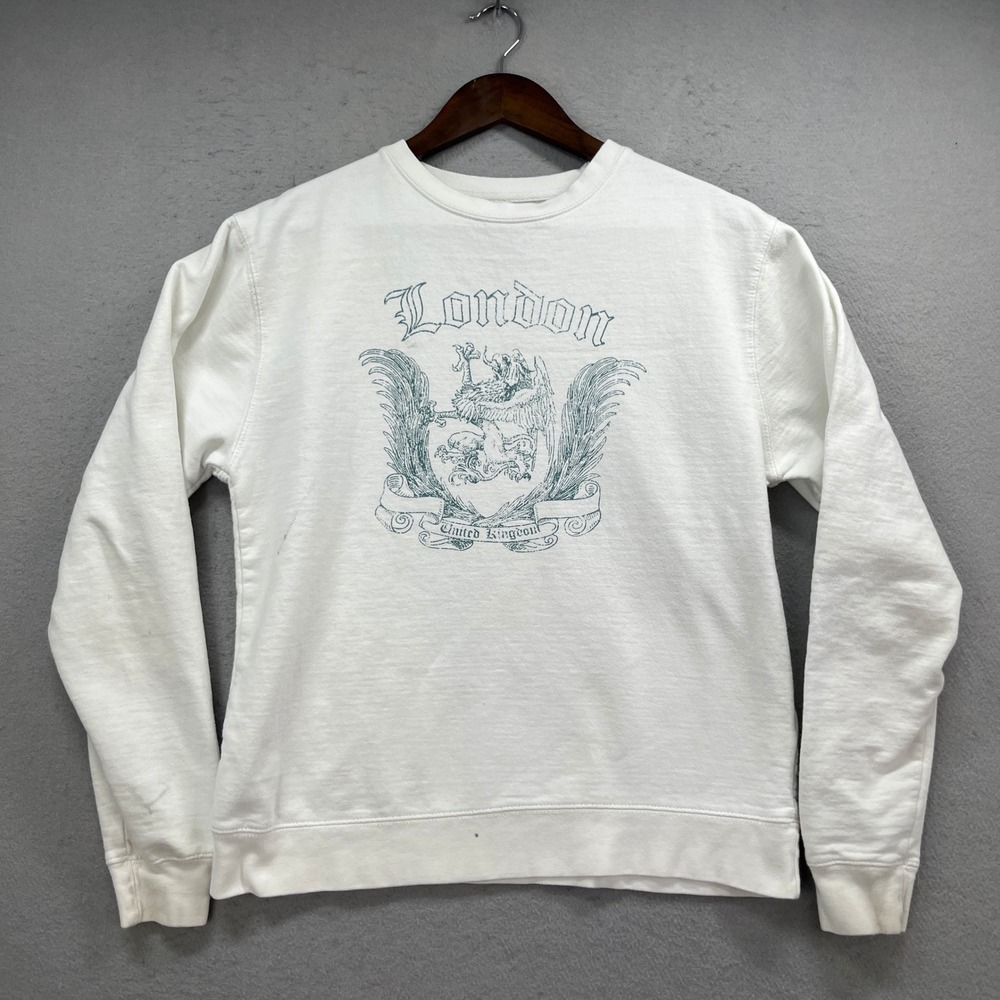 London United Kingdom Golden Hour Sweatshirt S White Crew Neck Graphic Vintage